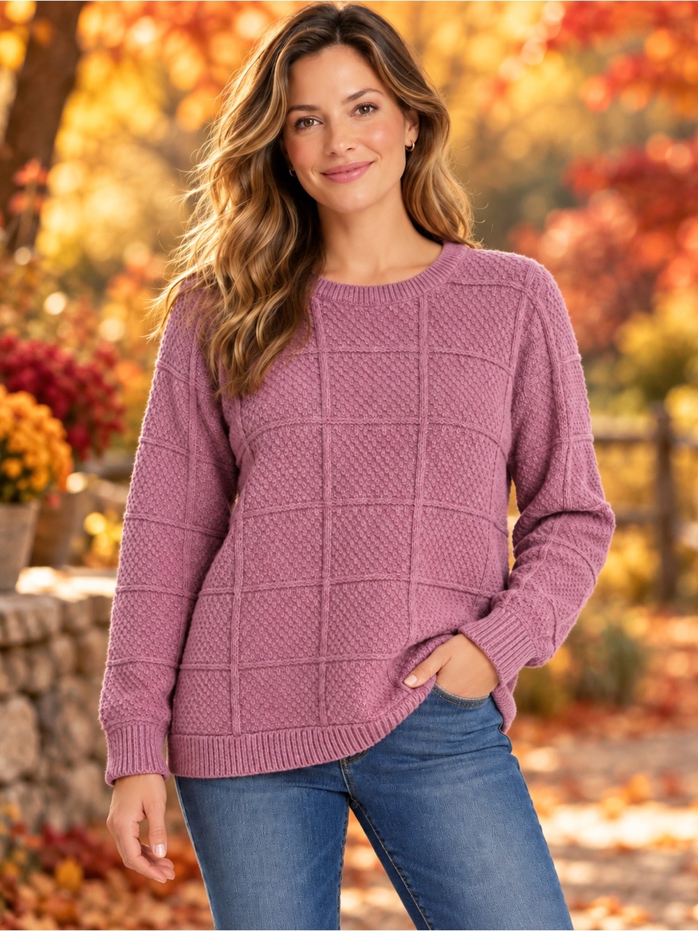 Lands’ End Size 18 Cotton Wool Blend Mauve Textured Knit Sweater